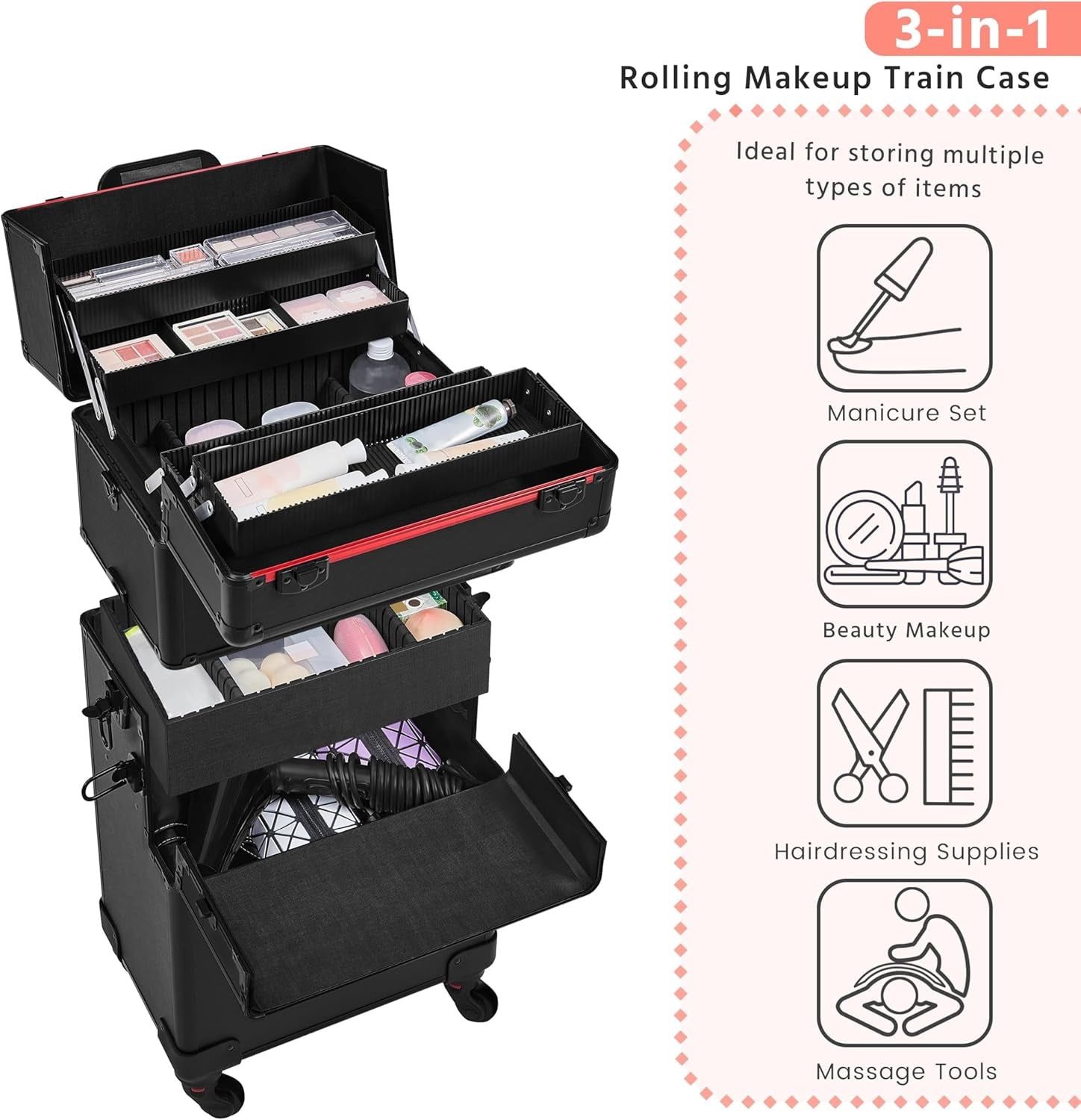 Makeup Train Case 3 in 1 Professional Cosmetic Trolley Multi-Functional Organizers Large Storage Traveling Cart Trunk for Nail Tech - Black
