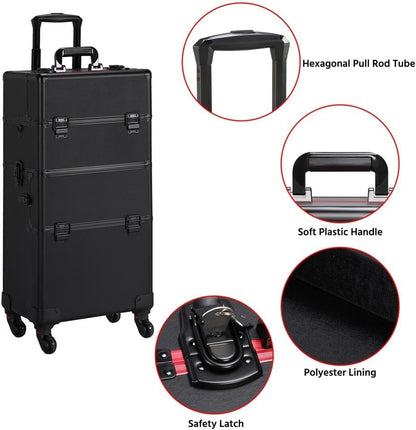 Makeup Train Case 3 in 1 Professional Cosmetic Trolley Multi-Functional Organizers Large Storage Traveling Cart Trunk for Nail Tech - Black