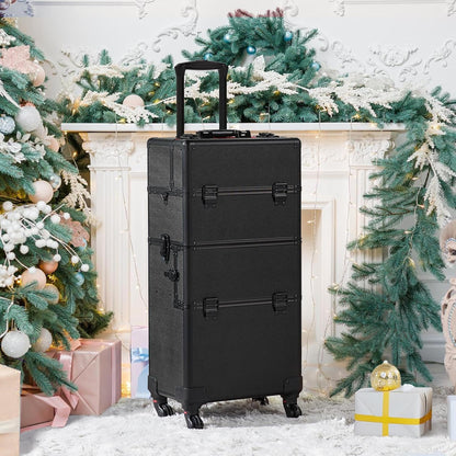 Makeup Train Case 3 in 1 Professional Cosmetic Trolley Multi-Functional Organizers Large Storage Traveling Cart Trunk for Nail Tech - Black