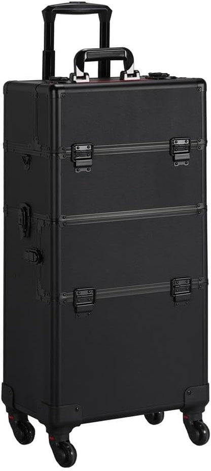 Makeup Train Case 3 in 1 Professional Cosmetic Trolley Multi-Functional Organizers Large Storage Traveling Cart Trunk for Nail Tech - Black